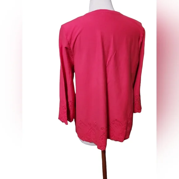 j jill top l blouse shirt women 3/4 Quarter Sleeve Pink Red Crewneck 100% Cotton - Picture 4 of 6